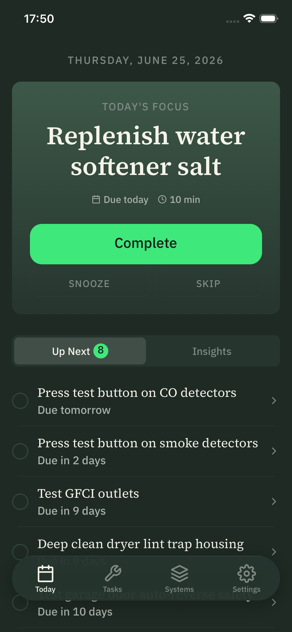 Stu app showing today's home maintenance tasks